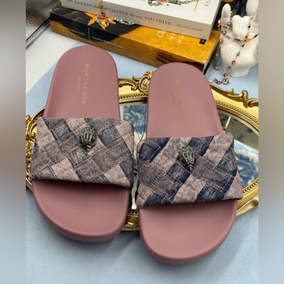 🆕 KURT GEIGER LONDON 🧿 NWOB Pink Bleach Denim Meena Eagle Slides, Sz 40 US9 - Picture 10 of 14
